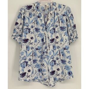 Cato Womens Blue White Floral Puff Sleeve Smocked Blouse V-Neck Top Sz XL